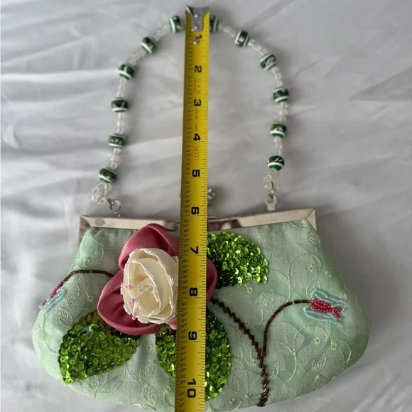 Vintage Beaded Floral Satin Purse – Mint Green Sequin Clutch Embellished - Picture 7 of 10